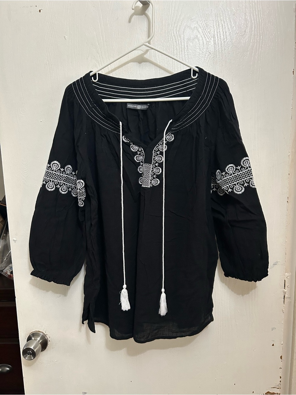 Signature Black Peasant Blouse with White Embroidery and Tassels